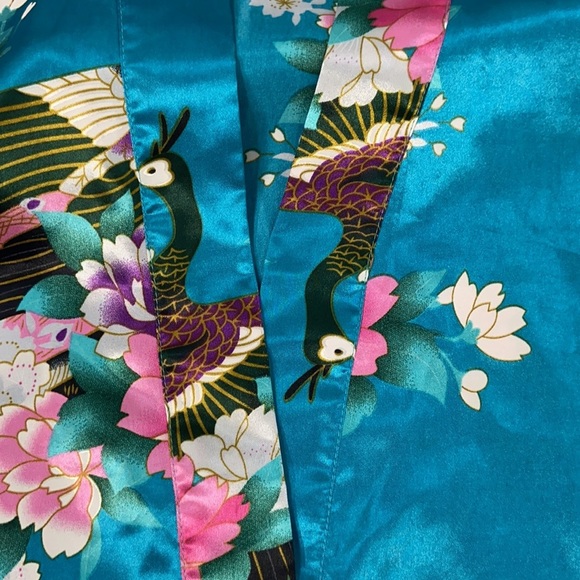 Zhong Sang 100% Satin Silky Kimono Duster Robe Open Front Floral Peacock Design - Picture 11 of 14
